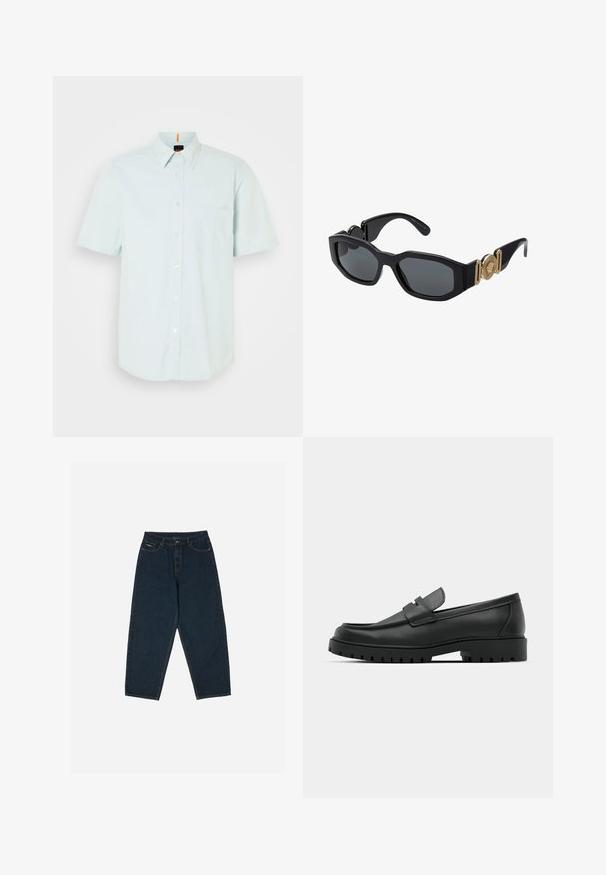 Heledad helesinine lühikeste varrukatega nööbitav särk, millel on krae, vasakul rinnal tasku ja sile kangas. Lihtne disain, tagasihoidlik sädelus.; Tumedad sinised kõrge vöökohaga teksad, millel on lõtv istuvus, viie tasku ja nööpidega sulgemine. Valmistatud siledast denimist.; Mustad musta nahast loafers, millel on ümar varvas, tikandiga disain, madal platvorm-soon ja tekstureeritud, soonikkummist välistald.; Mustad mustanlaadsed prillid, millel on jäme geomeetriline raam, tumedad läätsed ja kuldsed metallaktsendid templitel koos ümmarguse embleemiga.