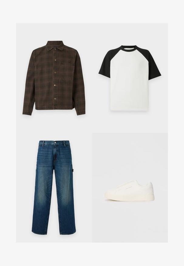 Καφέ καρό σακάκι με κουμπωτή μπροστινή πλευρά, γιακά και μία τσέπη στο στήθος. Φτιαγμένο από υφασμάτινο με υφή με μεταλλικά κουμπιά.; Μαύρη και λευκή κοντομάνικη μπλούζα με ριγωτή υφή; διαθέτει ράγκλαν μανίκια και στρογγυλή λαιμόκοψη.; Φαρδιά τζιν παντελόνια σε μπλε απόχρωση με ξεθωριασμένα σημεία, διαθέτουν παραδοσιακό κλείσιμο με κουμπί και φερμουάρ, καθώς και πλαϊνή τσέπη αριστερά.; Λευκά slip-on παπούτσια με υφή, παχύ πάτο και μινιμαλιστικό σχέδιο. Φέρει το λογότυπο της μάρκας στο πλάι.