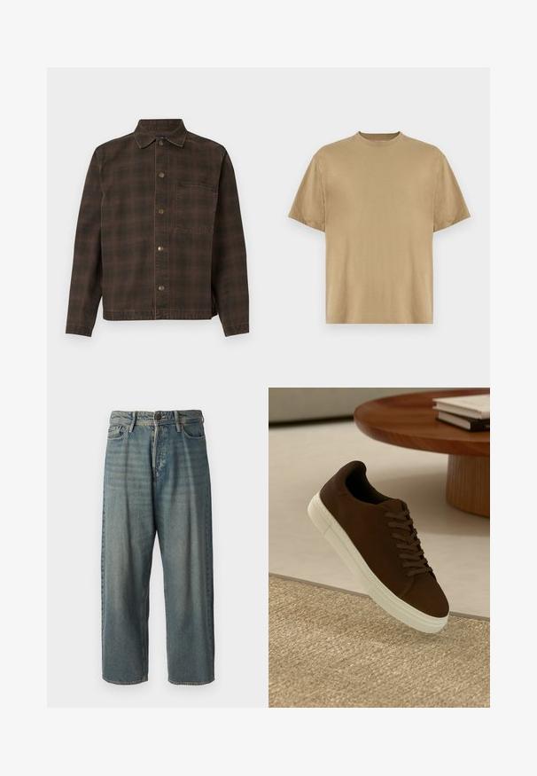 Giacca a quadri marrone con chiusura a bottoni, colletto e una tasca sul petto. Realizzata in tessuto strutturato con bottoni metallici.; T-shirt khaki a maniche corte realizzato in morbido tessuto, con scollatura rotonda e vestibilità rilassata. Non sono visibili pattern o grafiche.; Jeans di denim azzurro chiaro con vestibilità ampia, vita media e gambe dritte. Presenta cinque tasche, passanti per cintura e chiusura con bottone.; Sneaker in suede marrone con lacci piatti e suola in gomma bianca, caratterizzato da una punta arrotondata e un design minimale, posizionato su una superficie texturizzata.