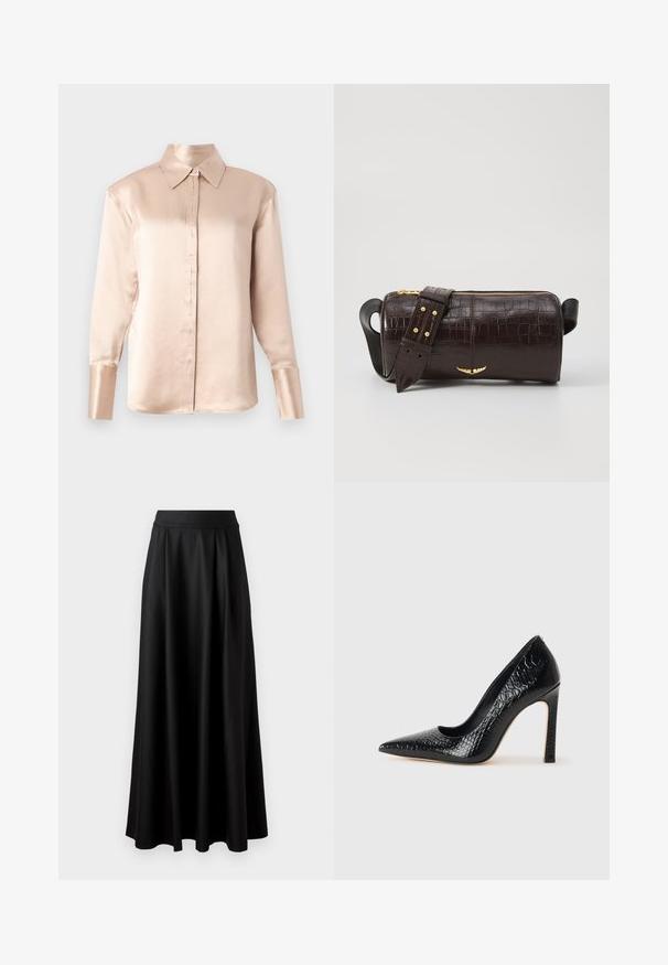 Satiinist blouse pehmes beežis klassikalise krae, pikkade varrukate, nööbitlemise ja veidi ülekaaluka lõikega. Sile tekstuur, minimaalsed detailid.; Mustmust pikk, must seelik, millel on sile tekstuur, lai vöökoht ja volditud disain, ilma nähtavate mustrite või kaunistusteta.; Mustan teravaotsaga kõrge kontsaga king, millel on krokodillimustriga tekstuur, stiilne disain, kõrge stilettokonts ja sile must sisesisustus.; Pruunist krokodillimustrist nahast kott, millel on silindri kuju, kuldse tooni metalldetailid ja eemaldatav rihm, kus on nupud.