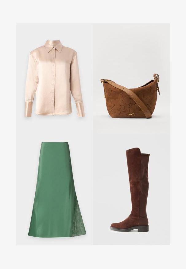 Satiinist blouse pehmes beežis klassikalise krae, pikkade varrukate, nööbitlemise ja veidi ülekaaluka lõikega. Sile tekstuur, minimaalsed detailid.; Roheline satiinseelik voolava A-line siluetiga, millel on ühel küljel õhuline pitsdetail, et lisada tekstuuri ja kontrasti.; Pikk pruunist nahast ja kangast saabas madala musta kandiga ja ümarate varvastega, nähtav külgvaates lihtsal valgel taustal.; Pruun sametist õlavarre kott, millel on reljeefne lillemuster, mida täiendab sile pruun nahast rihm ja kuldse tooni lisandid.