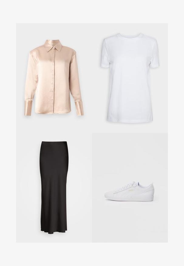 Satin blouse in soft beige with a classic collar, long sleeves, button-up front, and slightly oversized fit. Smooth texture, minimal detailing.; White short-sleeve t-shirt made of cotton. Crew neck design with a smooth texture and no visible patterns or accents. Basic style.; Black, floor-length satin skirt with a smooth texture, fitted waistband, and A-line silhouette, featuring no visible embellishments or patterns.; White low-top Puma sneaker with lace-up front, subtle branding on side and sole, and smooth synthetic upper for casual wear.
