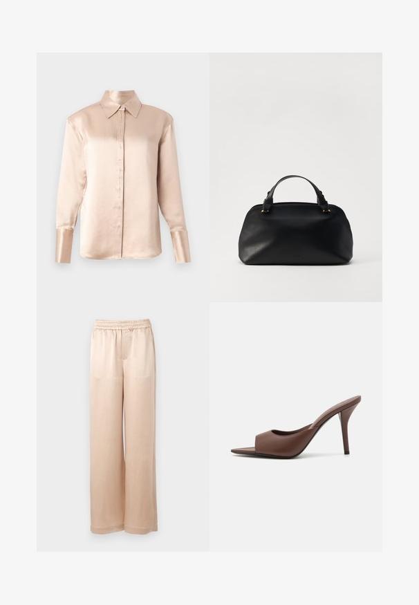 Satinbluse i blød beige med klassisk krave, lange ærmer, knaplukning foran og let oversized pasform. Glat tekstur, minimal detaljering.; Lyse beige brede bukser lavet af glat stof med elastisk talje og minimale sømme, med lige snit og uden lommer.; Brune læder open-toe højhælede mules med et slankt design, der har en bred frontrem og en slank stiletto-hæl.; Sort lædertaske med en afrundet form, dobbelte top-håndtag og subtile hardware-accenter i guldtoner. Glat tekstur med minimal branding.