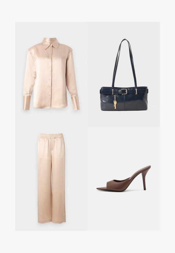 Satenasta bluzica u svijetloj bež boji s klasičnom ovratnikom, dugim rukavima, kopčanjem na dugmadi sprijeda i blago oversized krojem. Glatka tekstura, minimalni detalji.; Svijetlosmeđi široki hlače izrađene od glatkog materijala s elastičnom inThonga i minimalnim šavovima, sa ravnim krojem i bez džepova.; Smeđe kožne mule s visokom potpeticom i otvorenim prstima, s elegantnim dizajnom, širokim prednjim remenom i vitkom stiletto potpeticom.; Morska kožna torbica s dva duga ramena, detaljem kopče i privjeskom za ključeve. Ima glatku teksturu i pravokutni oblik.