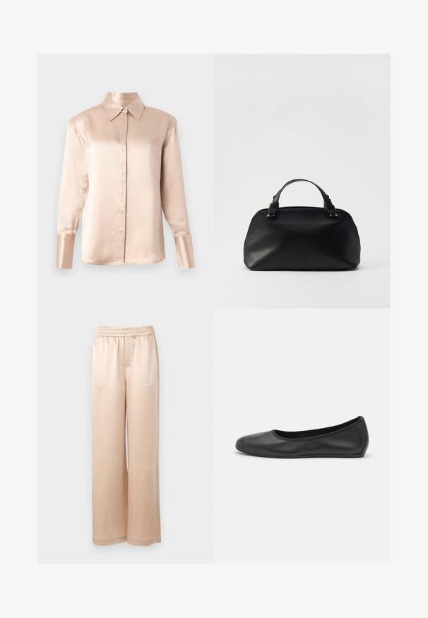 Satinbluse i blød beige med klassisk krave, lange ærmer, knaplukning foran og let oversized pasform. Glat tekstur, minimal detaljering.; Lyse beige brede bukser lavet af glat stof med elastisk talje og minimale sømme, med lige snit og uden lommer.; Sort læderballetsko med rund tå, glat tekstur, minimal syning og et fleksibelt såldesign.; Sort lædertaske med en afrundet form, dobbelte top-håndtag og subtile hardware-accenter i guldtoner. Glat tekstur med minimal branding.