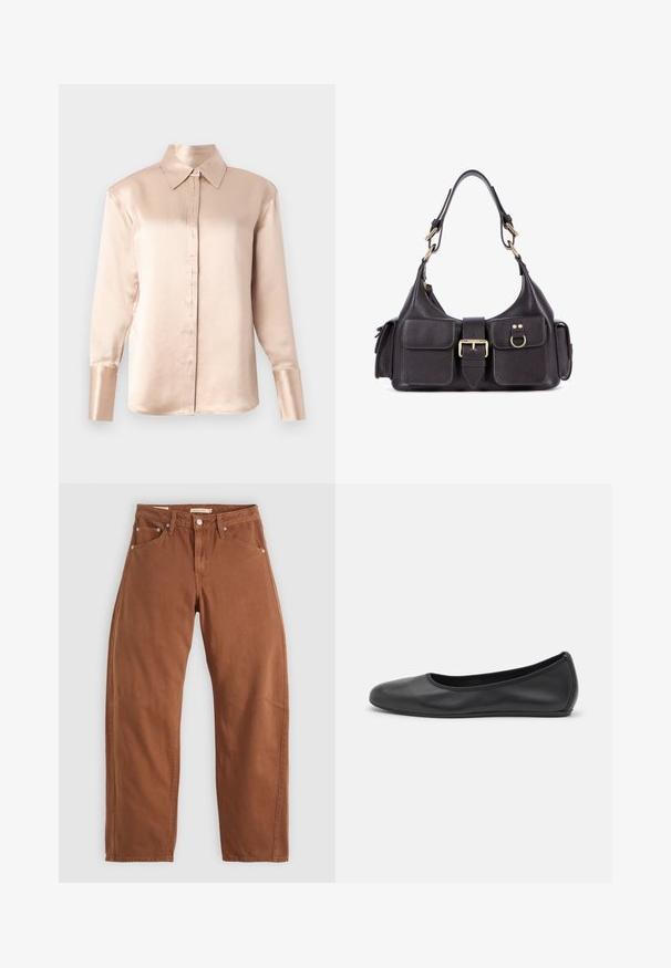 Satin blouse in zacht beige met een klassieke kraag, lange mouwen, knoopsluiting aan de voorkant en een licht oversized pasvorm. Gladde textuur, minimale details.; Roestbruin rechte jeans met voor- en achterzakken, metalen klinknagels, knoopsluiting en riemlussen, plat neergelegd op een witte achtergrond.; Zwarte leren ballerina met een ronde neus, gladde textuur, minimale stikdetails en een flexibele zoolontwerp.; Donkere leren handtas met twee voorvakken, een centrale gesp en hardware in goudkleur. Gladde textuur met een gebogen silhouet.