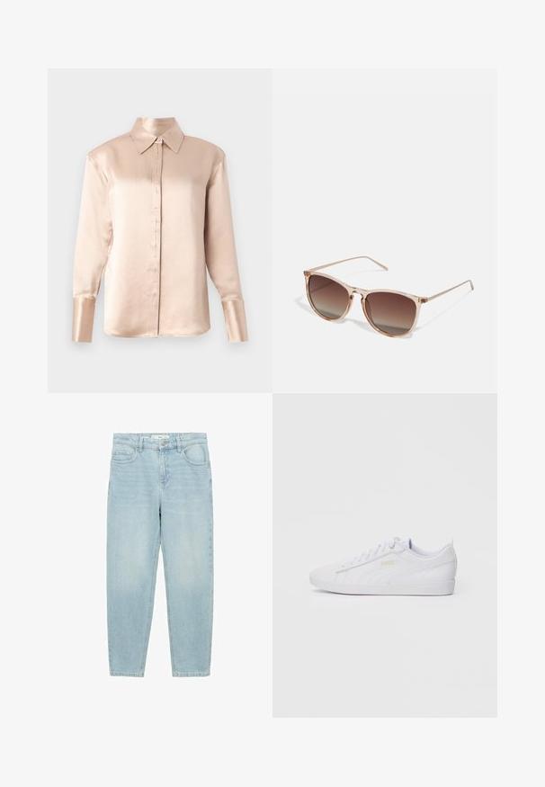Satin blouse in soft beige with a classic collar, long sleeves, button-up front, and slightly oversized fit. Smooth texture, minimal detailing.; Light blue denim jeans with a straight-leg fit, five-pocket design, front button closure, and slightly faded texture.; White low-top Puma sneaker with lace-up front, subtle branding on side and sole, and smooth synthetic upper for casual wear.; Brown gradient sunglasses with a translucent pink frame, square shape, and thin metal arms. Features rounded edges and minimal detailing.; Gold-tone earrings shaped like shell fronds, featuring textured, ridged surfaces and a polished finish, suitable for various occasions.