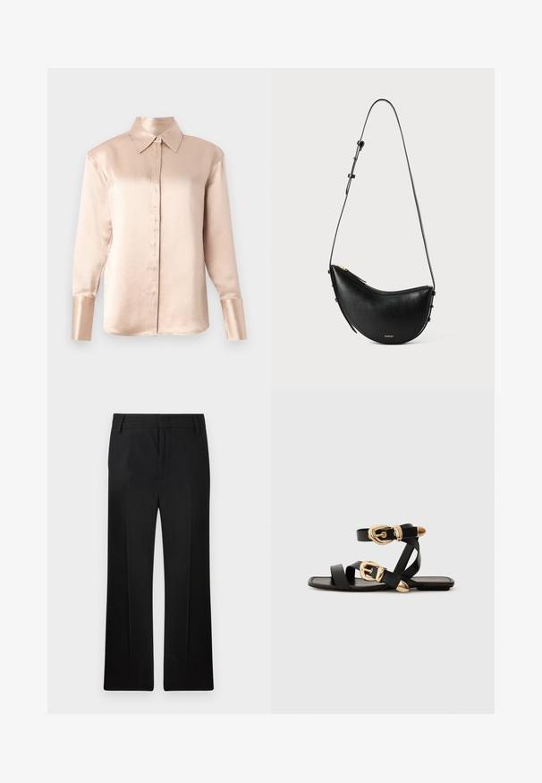 Satin blouse in zacht beige met een klassieke kraag, lange mouwen, knoopsluiting aan de voorkant en een licht oversized pasvorm. Gladde textuur, minimale details.; Zwarte broek, recht model, gemaakt van soepel materiaal. Heeft subtiele voorplooien en een platte tailleband met riemlussen.; Zwarte leren sandaal met gouden gespaccenten, voorzien van meerdere banden en een vlakke zool voor open-teenschoen gebruik.; Zwarte lederen handtas met een gebogen vorm en een enkele verstelbare schouderband. Voorzien van een ritsluiting en minimale gouden hardware.