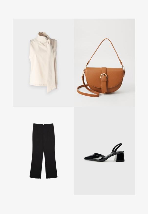 Kermanvärinen ilmanhiha toppi, jossa on korkeakaula-aukko ja suuri sivuosa. Valmistettu sileästä, kevyestä kankaasta yksinkertaisella muotoilulla.; Mustat housut suoralinjaisella leikkauksella, joissa on etutaskut ja sivurei'ät helman alla. Valmistettu pehmeästä ja sileästä kankaasta. Sopii eri tilaisuuksiin.; Mustat patentoitu nahkakengät, joissa on säären takaosa ja terävä kärki, sekä geometrinen palikkakorko. Sisältää tyylikkään, minimalistisen muotoilun ja sileän pinnan.; Ruskean nahkainen olkalaukku, jossa on kaareva muoto, kultaiset yksityiskohdat ja solkiyksityiskohta. Varustettu irrotettavalla olkahihnalla.