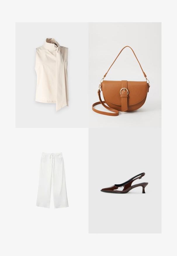 Kremna brezrokavna majica z visokim ovratnikom in velikim stranskim lokom. Narejena iz gladkega, lahkega materiala s preprostim dizajnom.; Bela široka hlače iz mehkega materiala, z vrvico v pasu in dvema sprednjima žepoma. Gladek texture in brez vidnih vzorcev.; Rjavi lakirani slingback čevelj z ostro konico in zmerno peto. Ima zaponko za varno prileganje. Gladka tekstura.; Rjava usnjena torbica prek telesa s ukrivljeno obliko, zlate opreme in sponko. Ima odstranljiv naramni trak.