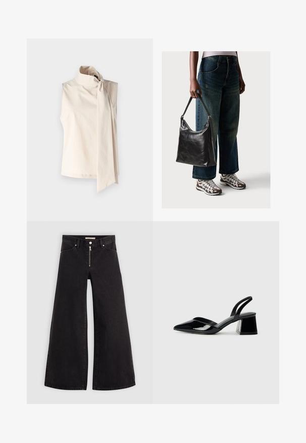 Top sem mangas de cor creme, com um colarinho alto e um grande laço lateral. Feito de um tecido suave e leve com um design simples.; Calças de ganga de perna larga em denim preto com fecho éclair à frente, design de cinco bolsos e detalhes de costura subtil. Textura suave e estilo casual.; Sandy em verniz preto com salto slingback, ponta afilada e salto geométrico. Apresenta um design elegante e minimalista com textura suave.; Bolsa de ombro em couro preto com textura suave e alça ajustável, combinada com jeans de perna larga desbotados e ténis desportivos.