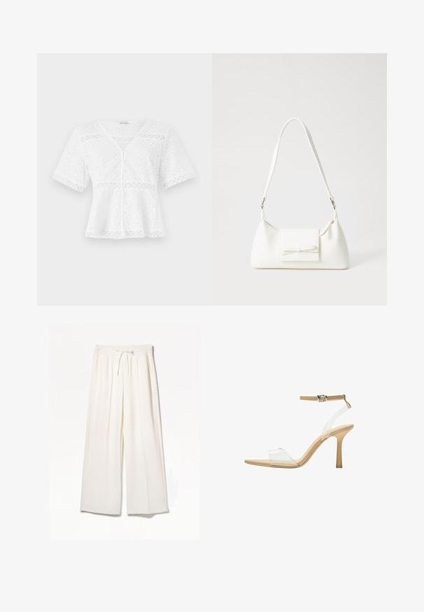 Fehér, rövid ujjas, hímzett pamut blúz, V-nyakkal, gombos záródással és díszes csipke részletekkel az alján és az ujjakon.; Fehér, széles szárú nadrág, könnyű anyagból készült, gumis derékkal, húzózsinórral és oldalsó zsebekkel, látható minták nélkül.; Átlátszó felsőrészű, áttetsző sarkú szandál, bézs talpbetéttel és vékony bokapánttal. Hegyes orral és vékony, magas sarokkal rendelkezik.; Fehér szintetikus kézitáska, háromszög alakú, lapos előlap, masni részlettel, állítható pánttal, sima textúrával és minimalista dizájnnal.