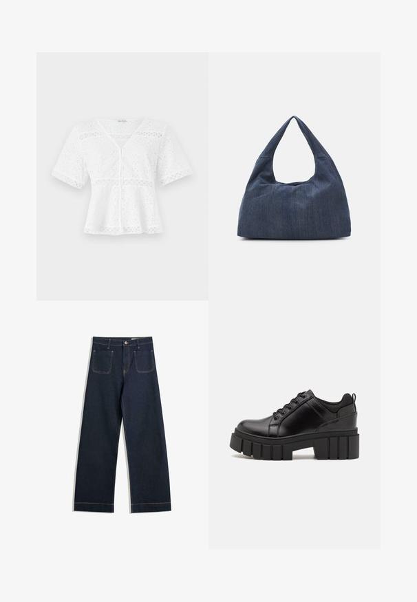 Haut blanc à manches courtes en coton brodé, avec un col en V, une fermeture à boutons et des accents en dentelle décorative le long de l'ourlet et des manches.; Jean large en denim bleu foncé avec des coutures contrastantes beiges, deux poches arrière et une fermeture à boutons à la taille.; Chaussures à plateforme en cuir noir avec un talon bloc épais, bout rond et un design traditionnel à lacets. Elles présentent une texture lisse et un détail minimal.; Sac en denim bleu foncé avec une forme douce et flasque, doté d'une anse de style hobo et d'une surface texturée. Aucune accent matériel visible.