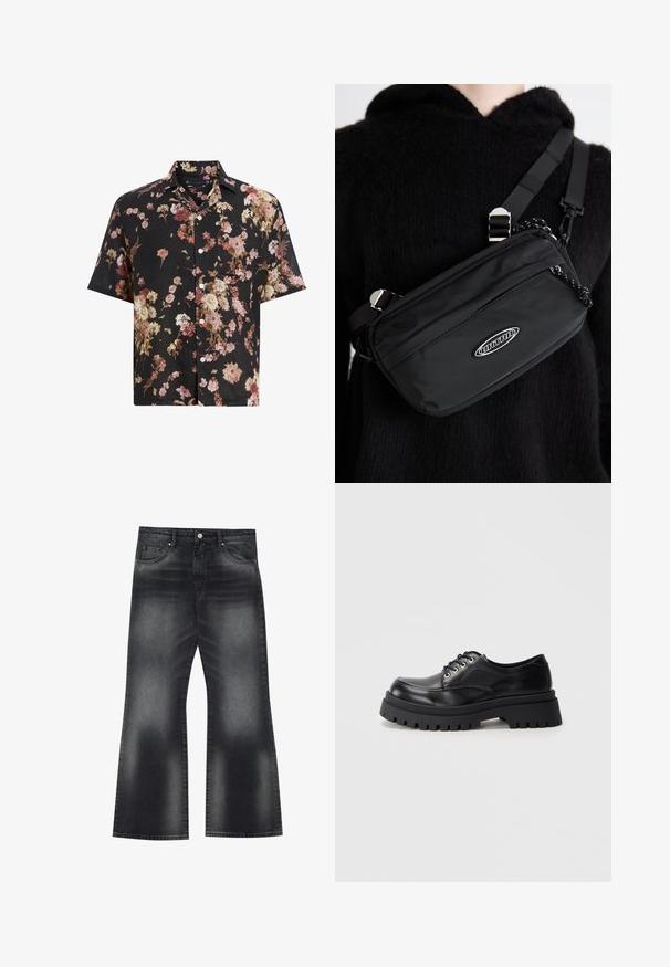 Czarna koszula z krótkim rękawem z kwiatowym wzorem w odcieniach różu, kremu i burgundu. Wykonana z lekkiego materiału z zapięciem na guziki.; Czarne dżinsy dzwonowe z przecieranym wykończeniem, pięcioma kieszeniami i kontrastowym ściegem, z lekko szerokim otworem nogawki.; Czarne skórzane buty na grubej podeszwie z sznurówkami, z grubą platformą i metalowymi oczkami na jednolitym szarym tle.; Czarna nylonowa torba na ramię z regulowanym paskiem, o gładkiej fakturze, z przednią kieszenią na zamek błyskawiczny i akcentem w postaci logo.