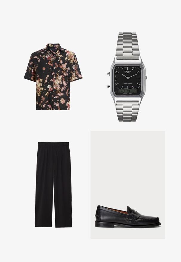 Īsām piedurknēm melna krekls ar florālu rakstu rozā, krēmkrāsas un burgundijas toņos. Izgatavots no viegla materiāla, ar pogu aizdari.; Melni platbagāžnieki ar plecu priekšpusi, sānu kabatām un gludu auduma tekstūru. Izstrādāti brīvai piegulšanai.; Melnas ādas loafers ar noapaļotu purngalu, šuvju apdari un dekoratīvu joslu priekšā. Plakana zole ar minimālu profilu.; Sudraba nerūsējošā tērauda kvarca pulkstenis ar melnu taisnstūra seju, kas aprīkota ar analogajām rādītājiem, digitālo displeju un ūdensizturības norādi.