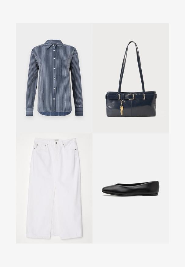 Overhemd met knopen in marineblauw en witte strepen, lange mouwen, een enkele borstzak en een klassieke kraag, gemaakt van lichtgewicht stof.; Witte spijkerrok met een voorklep, vijf-pocket ontwerp, metalen knop- en ritsluiting, en gestikte zoomdetails.; Paul Smith TOPANGA - Ballerina's - black; Marine leren handtas met twee lange hengsels, een gespdetail en een sleutelhanger eraan bevestigd. Heeft een gladde textuur en een rechthoekige vorm.