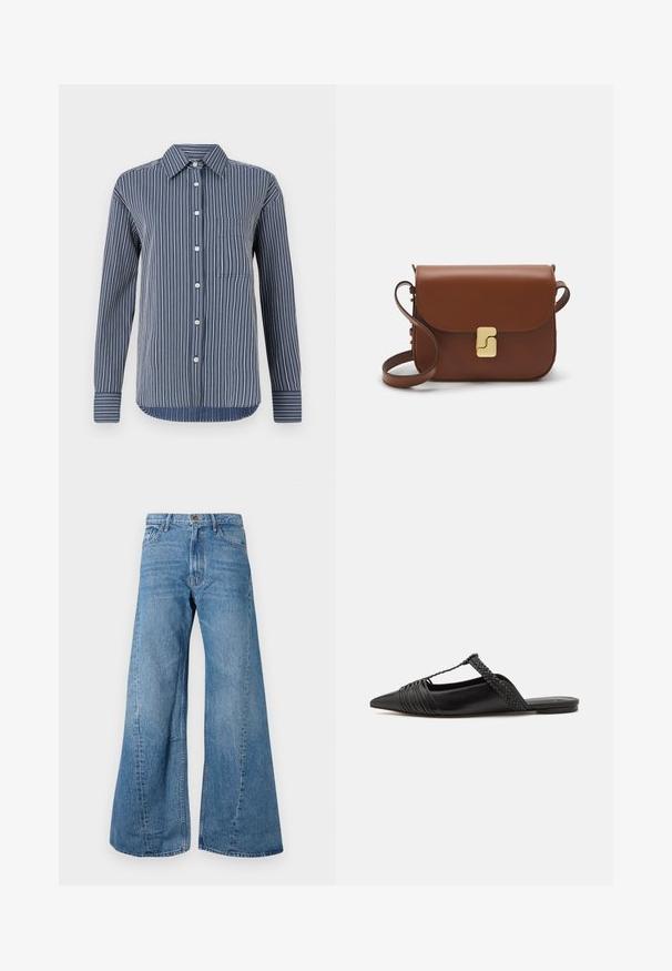Košile na knoflíky v námořnické modré a bílé pruhy, dlouhé rukávy, jedna náprsní kapsa a klasický límec, vyrobena z lehkého materiálu.; Široké modré džíny s vysokým pasem, které mají klasické pětipocketové provedení a mírné vyblednutí pro texturu.; Černé kožené slingback boty se špičatou špičkou, s tkaným akcentem a plisovaným designem svršku. Plochá podešev s minimálním kovovým zapínáním.; Hnědá kožená kabelka s klopou, zlatými kovovými detaily, ramenním popruhem a hladkým povrchem. Kompaktní obdélníkový tvar.
