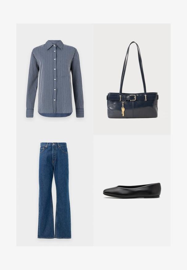 Camisa de botones a rayas en navy y blanco, de manga larga, con un único bolsillo en el pecho y un cuello clásico, confeccionada en una tela ligera.; Vaqueros acampanados de mezclilla azul con alta cintura, que cuentan con cinco bolsillos, un cierre de botón plateado y costuras visibles.; Paul Smith TOPANGA - Bailarinas - black; Bolso de mano de cuero navy con dos asas largas, un detalle de hebilla y un llavero adjunto. Presenta una textura suave y una forma rectangular.