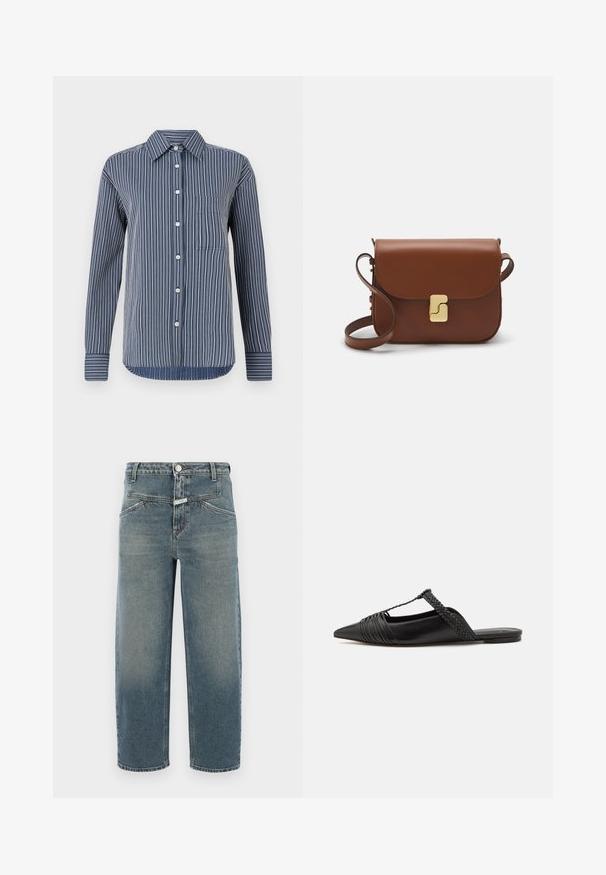 Košile na knoflíky v námořnické modré a bílé pruhy, dlouhé rukávy, jedna náprsní kapsa a klasický límec, vyrobena z lehkého materiálu.; CLOSED STOVER X - Zúžené džíny - mid blue; Černé kožené slingback boty se špičatou špičkou, s tkaným akcentem a plisovaným designem svršku. Plochá podešev s minimálním kovovým zapínáním.; Hnědá kožená kabelka s klopou, zlatými kovovými detaily, ramenním popruhem a hladkým povrchem. Kompaktní obdélníkový tvar.