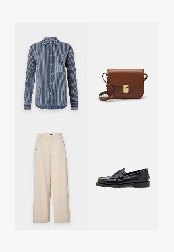 Košeľa na gombíky v námorníckej modrej a bielej pruhovanej kombinácii, s dlhými rukávmi, jednou náprsní vreckom a klasickým golierom, vyrobená z ľahkej textílie.; Beige široké nohavice vyrobené z mäkkej tkaniny, s predným zapínaním na gombík, bočnými vreckami a voľným strihom.; CLOSED LOAFER - Našuchovačky - black; Hnedá kožená kabelka s klopou, zlatými kovovými prvkami, ramenným popruhom a hladkým povrchom. Kompaktný obdĺžnikový tvar.