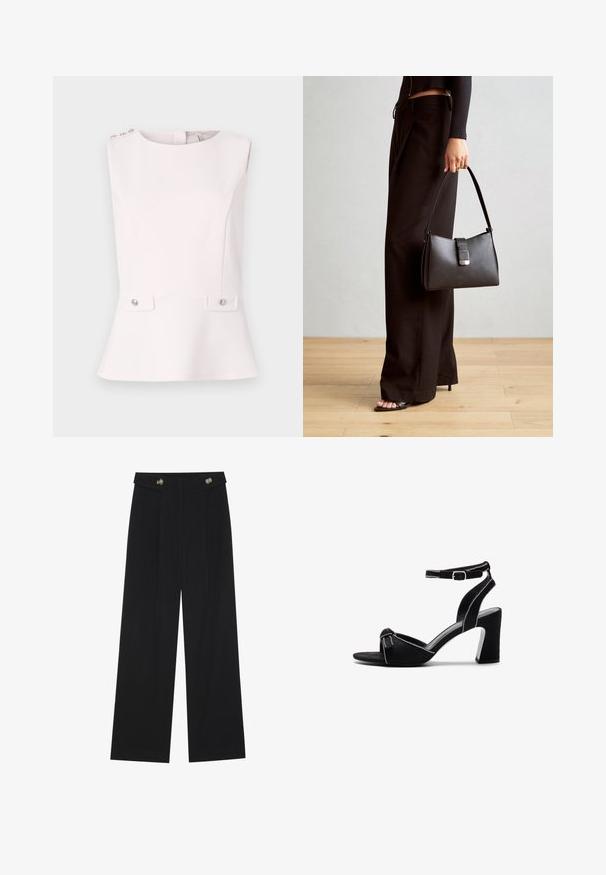 Guess AMBRE PEPLUM - Top - low key pink; Pantalones de pierna ancha negros con cintura alta, detalles de botones en la cinturilla y pliegues en la parte delantera.; Sandalias de tacón de ante negro con un ancho tacón de bloque, correa de tobillo ajustable, diseño de punta abierta y detalles de costura en contraste.; Bolso negro con forma estructurada, textura suave y un cierre metálico. Combinado con pantalones anchos negros y sandalias de dedo en un suelo de madera.