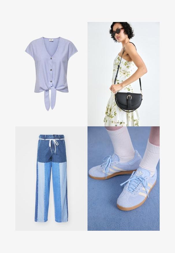 Niebiesko-biała w paski bluzka z krótkim rękawem, z dekoltem w kształcie litery V, zapinana na guziki z zawiązywaną dolną częścią, wykonana z lekkiego materiału.; Niebieskie dżinsowe spodnie z patchworkowym wzorem w różnych odcieniach niebieskiego, z elastycznym pasem na troczki oraz luźnymi, prostymi nogawkami.; Jasnoniebieskie zamszowe trampki z białymi paskami, płaskimi sznurówkami i podeszwą z gumowej gumy. Na kostkach noszone są ribbed białe skarpetki.; Czarna skórzana torebka o zakrzywionym kształcie, z odpinanym paskiem i złotymi akcentami. Torebka posiada klapę z zapięciem w kształcie klamry.