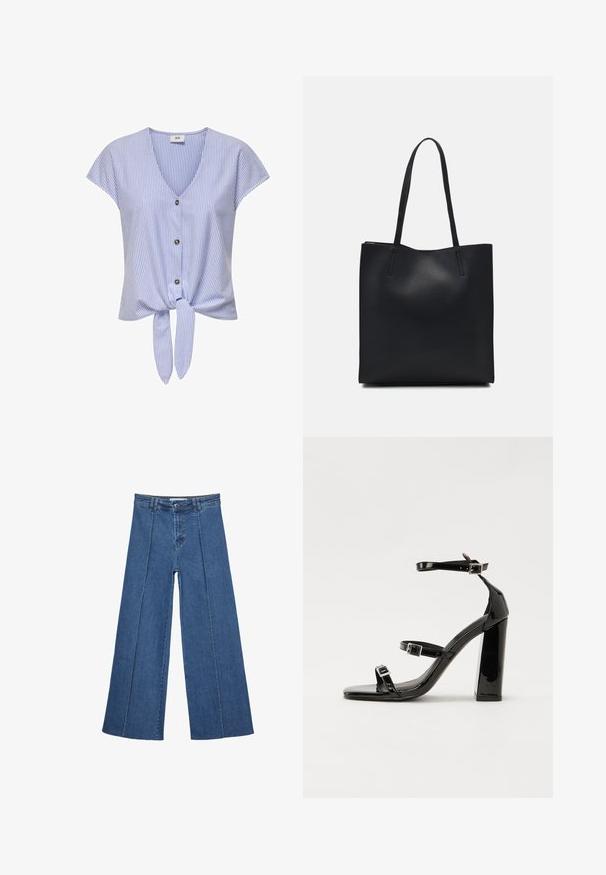 Blau-weiß gestreifte kurzärmelige Bluse mit V-Ausschnitt, Knopfleiste und gebundenem Saum, aus leichtem Stoff gefertigt.; Weite Jeans aus Denim in Mittelblau, mit hoher Taille, Knopfverschluss und kontrastierenden vertikalen Nahtdetails an der Vorderseite.; Schwarze patentierte Sandalen mit Absatz, quadratischer Spitze, Knöchelriemen und silbernen Schnallen. Mit einem stabilen Blockabsatz für mehr Stabilität.; Schwarze Laptoptasche aus Leder mit glatter Textur, rechteckiger Form und zwei langen Griffen. Keine sichtbaren Beschläge oder Verzierungen.