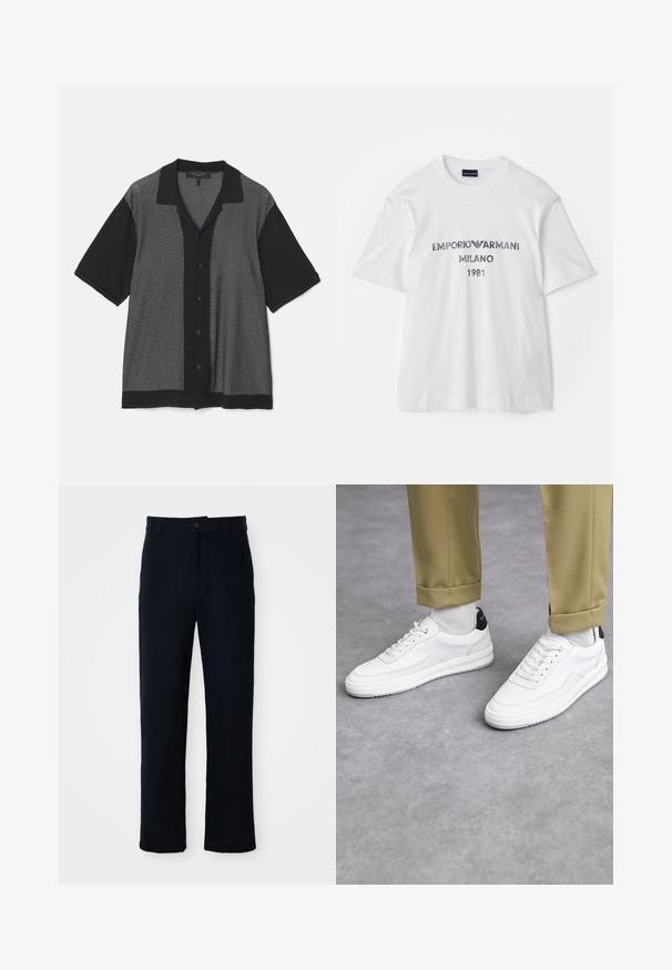 Camisa de manga corta en negro y gris con un patrón de rayas verticales, frente abotonado y cuello con solapa. Hecha de un suave tejido de punto.; Camiseta de algodón blanca con mangas cortas, que presenta "EMPORIO ARMANI MILANO 1981" en letras gris oscuro y un logotipo. Diseño clásico de cuello redondo.; Pantalones azul marino de algodón, con un diseño de pierna recta, cierre frontal de botón y una cintura clásica con pasadores para cinturón.; Zapatillas blancas con un acabado de cuero texturizado, punta redondeada y acento negro en el talón. Suela de goma con un pequeño patrón de relieve y detalle de costura.