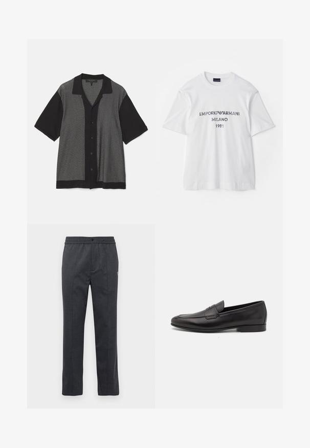 Crna i siva kratka majica s kratkim rukavima s vertikalnim prugastim uzorkom, dugmadima sprijeda i ovratnikom. Izrađena od mekog pletenog materijala.; Bijela pamučna majica kratkih rukava, sa natpisom "EMPORIO ARMANI MILANO 1981" u tamnosivom slovima i logotipom. Klasičan dizajn s okruglim izrezom.; Tamno sivi hlače ravnog kroja s elastičnim pojasom, prednjim kopčanjem na dugme i suptilnom izvezenom detalju s desne strane.; Crne kožne muške mokasine s niskom petom i klasičnim dizajnom trake za novčiće, prikazane u bočnom profilu na bijeloj pozadini.