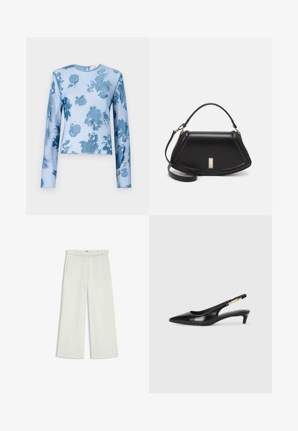 Top a maniche lunghe di colore azzurro chiaro con un motivo floreale in tonalità di blu scuro. Realizzato in tessuto morbido e trasparente, con scollatura tonda e design aderente.; Pantaloni a gamba larga in tessuto crema chiaro, dotati di tasche laterali, frontale liscio e chiusura a un bottone in vita. Texture morbida.; Tacchi slingback in pelle nera con punta affusolata, caratterizzati da un tacco alto e un accento dorato sulla cinghia regolabile. Texture liscia.; Borsa a mano in pelle nera con un design strutturato, caratterizzata da una forma corta, manico superiore e accessori in metallo dorato. Inclusa tracolla regolabile.
