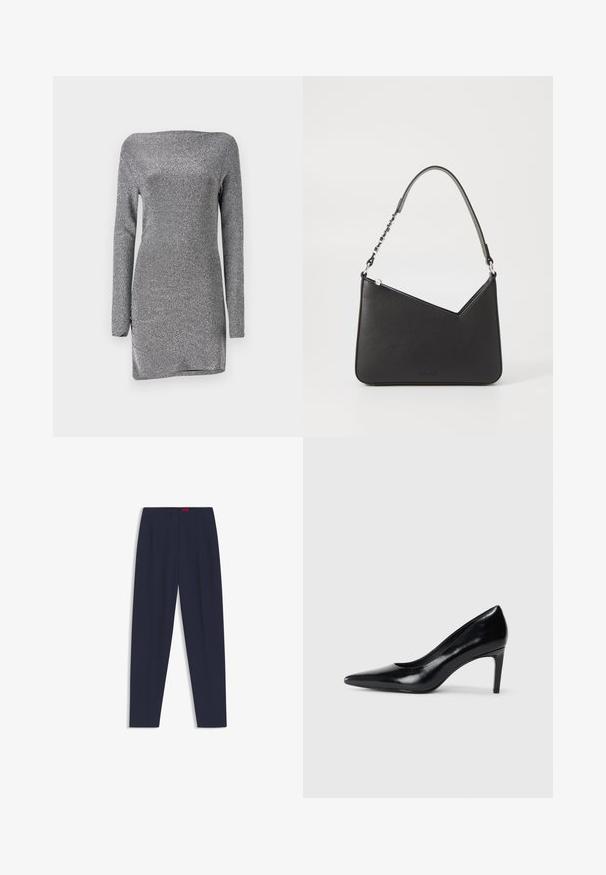 Vestito argento a maniche lunghe con silhouette aderente, realizzato in un tessuto texture e scintillante, con scollatura off-the-shoulder e uno spacco laterale.; Pantaloni su misura blu navy con una texture liscia, dotati di pieghe frontali e tasche laterali. Design a gamba dritta e senza decorazioni visibili.; Scarpa con tacco alto in pelle nera, con punta affusolata, texture liscia e tacco rastremato. Design minimalista, senza ulteriori decorazioni.; Borsa a mano in pelle nera con forma triangolare, una tracolla sottile e accessori in argento. Presenta una chiusura con zip e un logo impresso sul davanti.