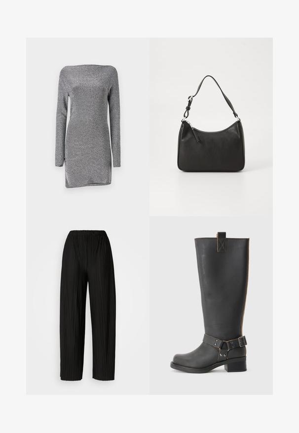 Silver, långärmad klänning med en figurnära silhuett, tillverkad av ett strukturerat, glittrande tyg, med en avlång axelkrage och en sidsspringa.; Svarta plisserade vida byxor med elastisk midjeband. Tyget har vertikala plisseringar och en slät yta.; Svart läderknähöga stövlar med en texturerad finish, som har en sidobuckla och en låg klack. Detaljerad sömnad längs sömmarna.; Svart läderhandväska med en böjd form, en enda rem, dragkedjestängning och subtil märkning på framsidan. Slät yta, minimalistisk design.
