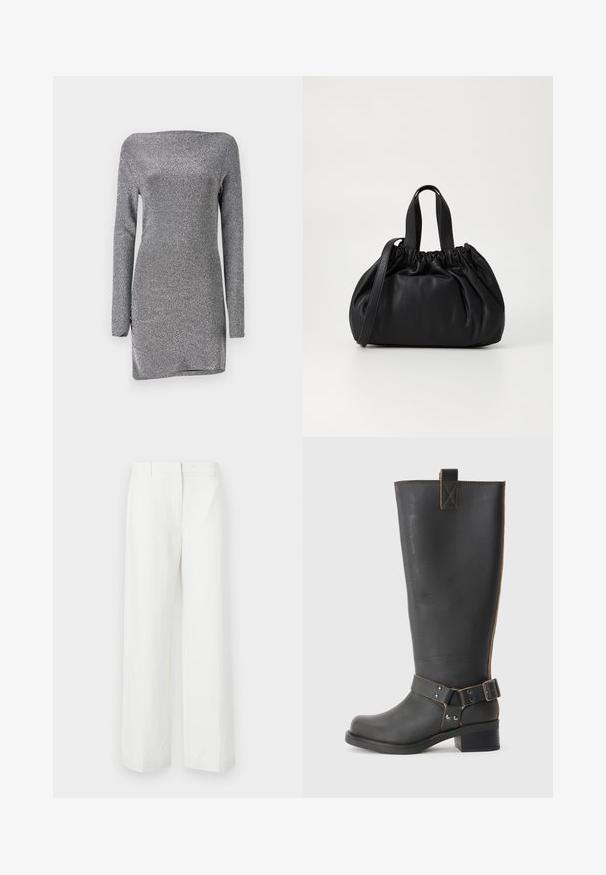 Vestito argento a maniche lunghe con silhouette aderente, realizzato in un tessuto texture e scintillante, con scollatura off-the-shoulder e uno spacco laterale.; Pantaloni ampi bianchi con una finitura liscia, caratterizzati da una parte anteriore piatta e pieghe stirate. Realizzati in tessuto leggero, senza pattern visibili.; Stivale nero in pelle alta fino al ginocchio con finitura texturizzata, caratterizzato da un'accento a fibbia laterale e un tacco basso. Cuciture dettagliate lungo le cuciture.; Borsa a tracolla in pelle nera con design a cima arricciata, dotata di due manici corti e di una lunga tracolla regolabile. Texture liscia, forma arrotondata.