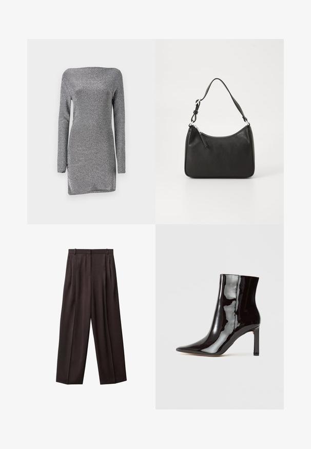 Silver, long-sleeve dress with a fitted silhouette, made of a textured, shimmery fabric, featuring an off-the-shoulder neckline and a side slit.; Wide-leg trousers in dark brown fabric. Features include pleats at the front, a waistband with belt loops, and side pockets. Smooth texture.; Black patent leather ankle boot with a pointed toe and sleek silhouette. Features a stiletto heel and smooth texture.; Black leather handbag with a curved shape, a single strap, zip closure, and subtle branding on the front. Smooth texture, minimalist design.