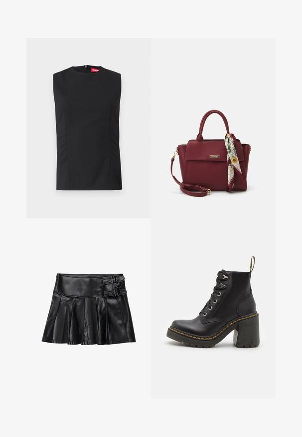 Černý top bez rukávů s vysokým výstřihem, předními záševky a neviditelným zipem na zadní straně. Vyrobeno z hladké tkaniny s strukturovaným střihem.; Černá kožená sukně s sklady, širokým pasem a dvěma přezkami na boku. Hladká textura s lesklým povrchem.; Černé kožené kotníkové boty s robustním vysokým podpatkem, šněrováním vpředu, kovovými očky a žlutým prošíváním podél podrážky. Texturovaná gumová podrážka.; Burgundská kabelka vyrobená z umělého materiálu se strukturovaným designem, která má odnímatelný popruh a kroužek, na kterém je uvázaný šátek s květinovým vzorem.