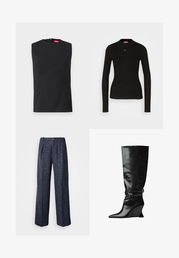 Čierny bezrukávový top s vysokým golierom, prednými záševkami a neviditeľným zipsom na chrbte. Vyrobený z hladkej tkaniny so štruktúrovaným strihom.; Čierny dlhý rukáv top vyrobený z rebrovanej tkaniny, s okrúhlym výstrihom a malým červeným logom Diesel vyšitým na hrudi.; Nohavice v námorníckej modrej farbe s textúrovanou väzbou, vysokým pásom, širokým strihom a prednými záhybmi. Obsahujú jediné zapínanie na gombík a zips.; Čierne kožené čižmy na klinovom podpätku do výšky kolien s špicatou špičkou a zloženou textúrou; hladký povrch s pevnou siluetou.
