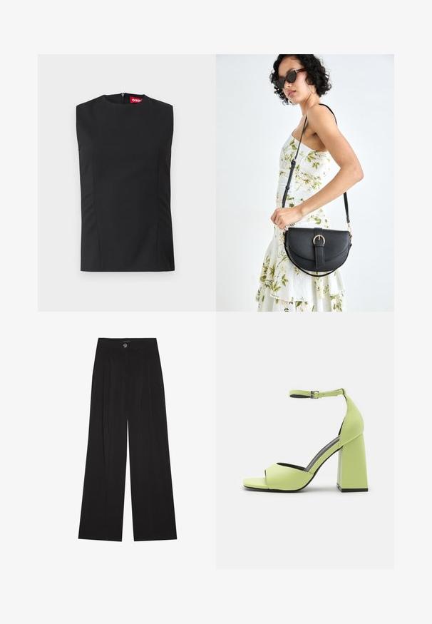 Black sleeveless top with high neckline, front darts, and an invisible back zipper. Made of smooth fabric with a structured fit.; Black wide-leg trousers with pleats, featuring a button closure and two side pockets; smooth texture with a tailored design.; Even&Odd High heeled sandals - light green; Black leather handbag with a curved shape, detachable strap, and gold hardware. The bag features a flap with a buckle detail.