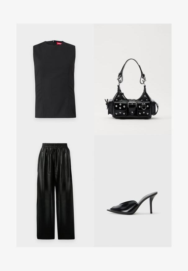 Melnas bezpiedurkņu blūzes ar augstu apkakli, priekšā ar viļņveida šuvēm un neredzamu aizmugures rāvējslēdzēju. Izgatavota no gludas auduma ar strukturētu piegriezumu.; Melna ādas plata kāju bikses ar elastīgu jostu, ar divām sānu kabatām un gludu, spīdīgu tekstūru.; Melnas ādas augstpapēžu mūlas ar atvērtu purngalu, vērptu dizainu, gludu tekstūru un šauru stilletu papēdi.; Melnas ādas rokturmais ar izliekumu, ar sudraba iedurtiem, sprādzi un divām sānu kabatām. Regulējams siksniņas garums dažādām nēsāšanas iespējām.