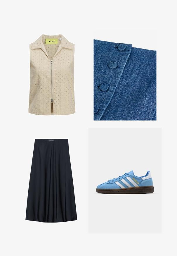 Beige mouwloos topje met een rits aan de voorkant, voorzien van een textuurpatroon van kleine bloemmotieven en een puntige kraag. Merklabel zichtbaar aan de binnenkant.; Denimstof in donkerblauw met een getextureerde afwerking. Heeft ronde, met stof bedekte knopen langs de rand en een diagonale naaddetail.; Zwarte, knielange rok van lichtgewicht stof met een vloeiende uitstraling. Kenmerkt zich door een gladde textuur en subtiele plooien voor extra detail.; Lichtblauwe suède sneakers met witte leren strepen, een bruine textuurzool en gouden logo-detail. Laag ontwerp met een ronde neus.