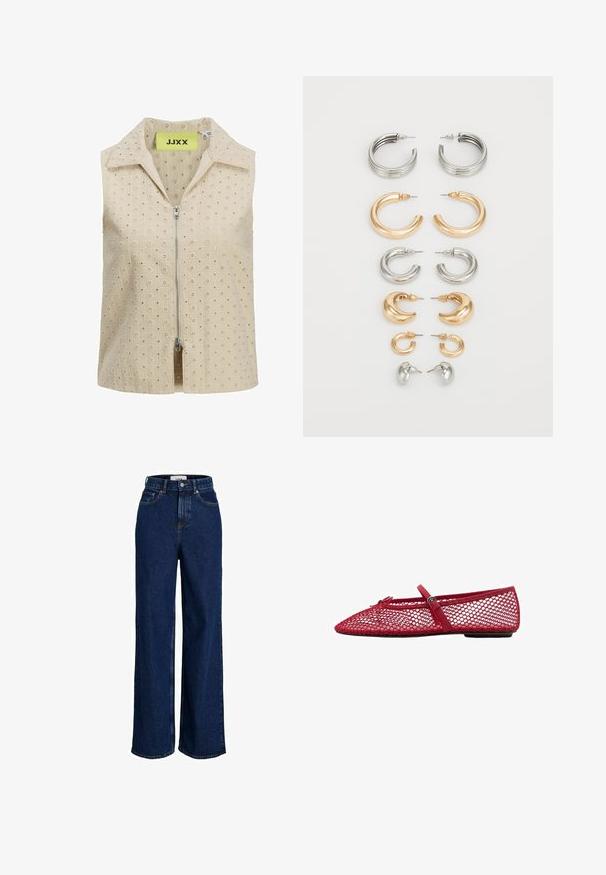 Top beige senza maniche con chiusura a zip frontale, caratterizzato da un motivo testurizzato di piccoli fiori e un colletto a punta. Etichetta del marchio visibile all'interno.; Jeans in denim scuro a vita alta, con gamba ampia, bottone frontale e design a cinque tasche.; Ballerine in rete rossa con punta affusolata, dotate di una sottile cinghia e dettaglio a fibbia. La parte superiore presenta un motivo aperto a nido d'ape.; Set di otto orecchini in metallo nei toni dell'argento e dell'oro. Include vari stili di cerchi, texture e finiture, disposti per dimensione.