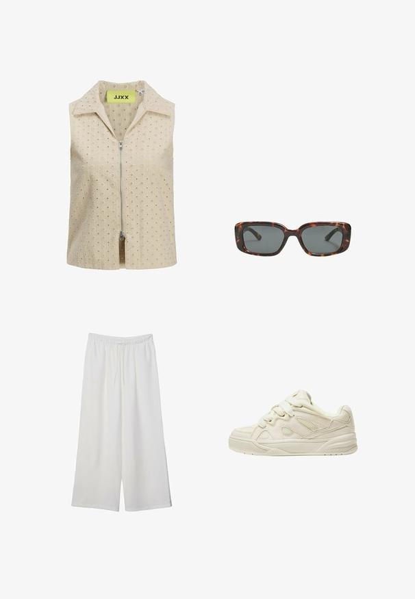 Bež majica bez rukava s patentnim zatvaračem sprijeda, koja sadrži teksturirani uzorak malih cvjetnih motiva i oštar ovratnik. Označena marka vidljiva unutra.; Bijele hlače širokog kroja izrađene od lagane tkanine, s elastičnim pojasom i vezicom za prilagodljivu veličinu. Glatka tekstura.; Bež tenisice s teksturiranim gornjim dijelom, istaknutim vezicama, mrežastim panelima i debelim potplatom. Zakrivljeni dizajn s podstavljenim izrezom za udobnost.; Smešane sunčane naočale s pravokutnim lećama, debelim okvirom i tamnim lećama. Glatka tekstura i minimalistički dizajn.
