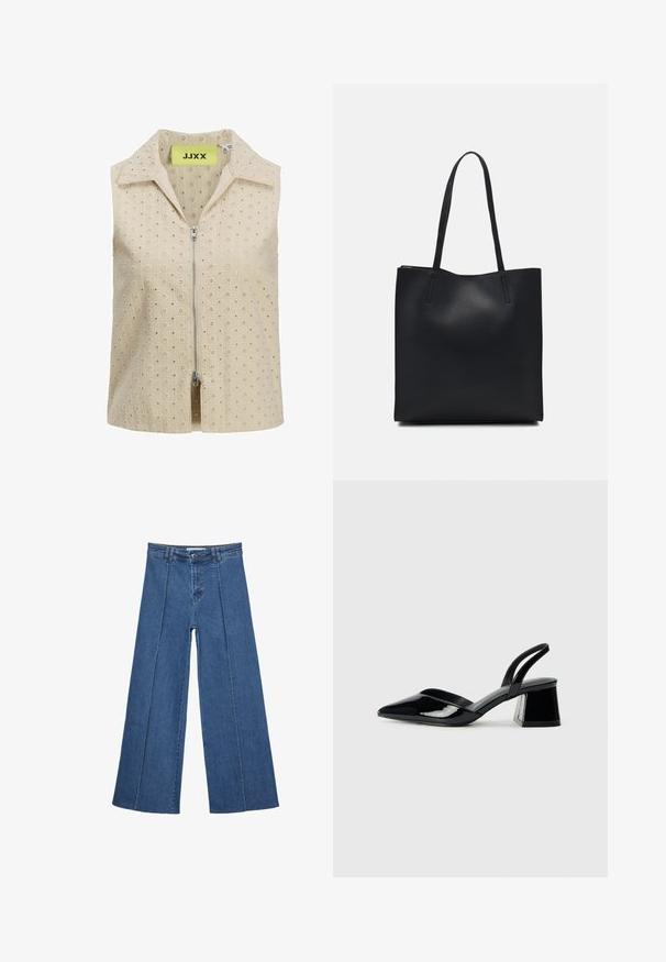 Beige ärmelloses Oberteil mit einem Reißverschluss vorne, das mit einem strukturierten Muster aus kleinen Blumenmotiven und einem spitzen Kragen versehen ist. Markenlabel im Inneren sichtbar.; Weite Jeans aus Denim in Mittelblau, mit hoher Taille, Knopfverschluss und kontrastierenden vertikalen Nahtdetails an der Vorderseite.; Schwarze Lackleder-Slingback-High Heels mit spitzem Schuh und einem geometrischen Blockabsatz. Verfügt über ein schlankes, minimalistisches Design und eine glatte Textur.; Schwarze Laptoptasche aus Leder mit glatter Textur, rechteckiger Form und zwei langen Griffen. Keine sichtbaren Beschläge oder Verzierungen.