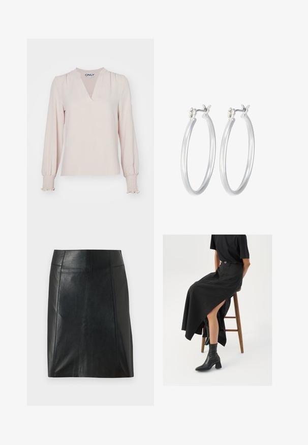 Ilga rankovė rožinė bluzė su V formos iškirpte, susiraukšlėtomis pečių dalimis ir smulkiai sukurtomis rankovėmis, pagaminta iš lengvo audinio. Paprastas, elegantiškas dizainas.; Juodas odinis sijonas su prigludusia forma. Sklandžiai tekstūra, siūlės apibrėžiančios formą ir tiesus apvadas. Minimalistiškas ir elegantiškas išvaizda.; Juoda lininė maksi sijonas su aukštu plyšiu, vilkimas su juodu marškinėliu ir juodais aulinukais. Minimalistinis dizainas su laisvu siluetu.; Sidabriniai auskarai su sklandžiu, poliruotu paviršiumi. Apvalios formos ir saugus uždarymo mechanizmas. Lengvas dizainas, tinkantis kasdieniam dėvėjimui.