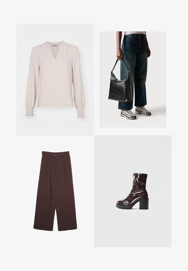 Langärmlige Bluse in Blush mit V-Ausschnitt, gerafften Schultern und gesmokten Manschetten, gefertigt aus leichtem Stoff. Einfaches, elegantes Design.; Stradivarius WIDE-LEG WITH BUCKLE DETAIL - Stoffhose - dark brown; Glatte bordeauxrote Ankle Boots mit einem klobigen schwarzen Absatz, die eine glatte Oberfläche und ein einfaches Design aufweisen. Keine sichtbaren Verschlüsse oder Muster.; Schwarze Leder-Schultertasche mit glatter Textur und verstellbarem Riemen, kombiniert mit ausgewaschenen weit geschnittenen Jeans und sportlichen Sneakern.