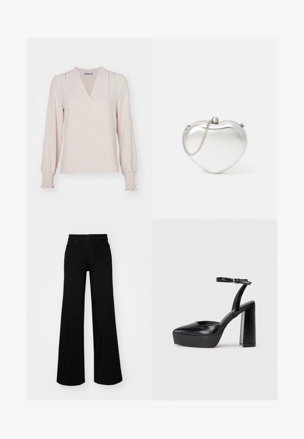 Blusa de manga larga en tono blush con escote en V, hombros fruncidos y puños elásticos, hecha de tejido liviano. Diseño simple y elegante.; Pantalones de mezclilla de pierna ancha y color negro, con una cinturilla estructurada, pasadores para cinturón y bolsillos frontales. Textura suave con un diseño clásico.; Zapatos de tacón negro con punta afilada y correa ajustable en el tobillo. Confeccionados en cuero suave, presentan un tacón grueso.; Bolso de mano metálico en forma de corazón, de color plateado, con una textura suave, cierre de broche y una correa de cadena plateada.