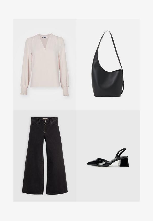 Langærmet blush bluse med V-hals, samlet skulder og smockede manchetter, lavet af letvægtsstof. Simpelt, elegant design.; Vide ben jeans i sort denim med lynlås foran, fem lomme-design og subtile stikninger. Glat tekstur og afslappet stil.; Sorte patentlæder slingback hæle med spids tå og en geometrisk blok hæl. Har et elegant, minimalistisk design og en glat tekstur.; Sort læder hobo taske med en glat overflade, buet form og en enkelt justerbar rem; har en bred åbning øverst.