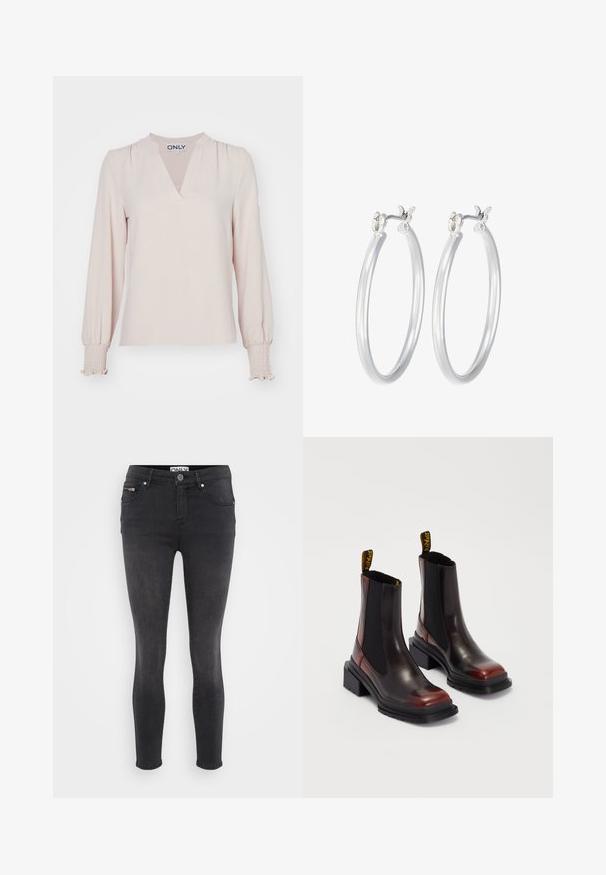 Langärmlige Bluse in Blush mit V-Ausschnitt, gerafften Schultern und gesmokten Manschetten, gefertigt aus leichtem Stoff. Einfaches, elegantes Design.; Schwarze, enge Jeans aus Denim. Verfügt über einen Knopfverschluss vorne und eine Reißverschlusstasche an der Taille. Glatte Textur mit minimaler Ausbleichung.; Dr. Martens MAYBOLE CHELSEA - Plateaustiefelette - black/cherry red; Silberne Creolen mit einer glatten, polierten Oberfläche. Runder Form und sicherem Klickverschluss. Leichtes Design, geeignet für den täglichen Gebrauch.