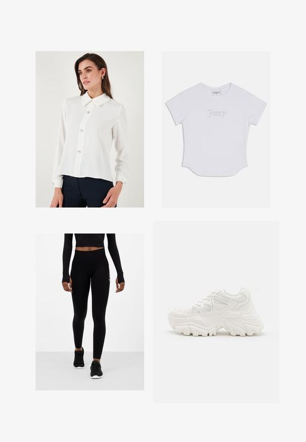 Biała bluzka z długim rękawem i spiczastym kołnierzykiem, z pięcioma dekoracyjnymi guzikami z przodu oraz mankietami zapinanymi na guziki. Gładki, lekki materiał.; Biała koszulka z krótkim rękawem o zaokrąglonym dole, z napisem "Juicy" ozdobionym kryształkami z przodu. Wykonana z miękkiej bawełny.; Czarne legginsy z wysokim stanem, teksturowana tkanina i dopasowany krój, zestawione z czarnymi butami sportowymi. Górna część ciała częściowo zakryta crop topem.; Białe, masywne sneakersy z teksturowaną cholewką, panelami z siateczki i grubymi gumowymi podeszwami o wyraźnym wzorze bieżnika. W zestawie sznurówki i pętla do zakupu.