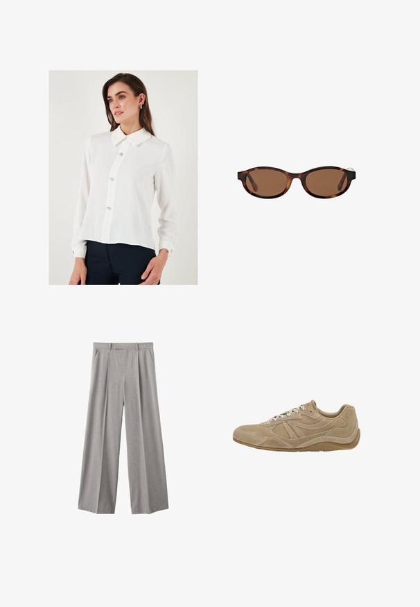Chemisier blanc à manches longues avec un col pointu, comportant cinq boutons décoratifs sur le devant et des poignets à boutons. Tissu lisse et léger.; Pantalons larges gris clair en tissu tissé. Comprend des plis avant, une taille ajustée et des poches latérales.; Baskets en suède beige avec un profil bas, une surface texturée et des lacets blancs. Présente un design courbé et une semelle en caoutchouc pour une meilleure adhérence.; Lunettes de soleil teintées de marron avec des montures ovales, présentant un motif écaille de tortue et des branches larges. Texture lisse et détail de marque subtil sur le côté.; Sac à tote en cuir tressé marron avec deux poignées, une forme structurée et une surface texturée, présentant un motif en losanges sur toute sa surface.