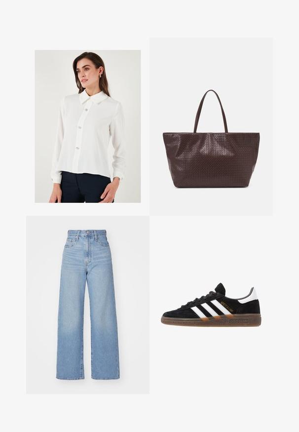 Blusa blanca de manga larga con cuello puntiagudo, que presenta cinco botones decorativos en la parte delantera y puños abotonados. Tejido suave y ligero.; Jeans de tiro alto y pernera ancha en azul claro, con cierre frontal de botón y cremallera, y bolsillos delantero y trasero, sobre un fondo blanco.; Zapatilla negra de Adidas con franjas blancas, texto dorado "Spezial", suela de goma y talón blanco, mostrada en vista lateral.; Bolso tote de cuero trenzado marrón con dos asas, de forma estructurada y superficie texturizada, con un patrón de diamantes en todo su diseño.
